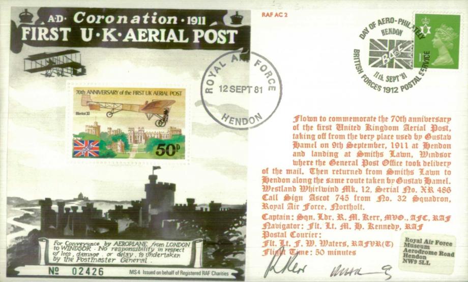 First UK Aerial Post cover Sgd crew