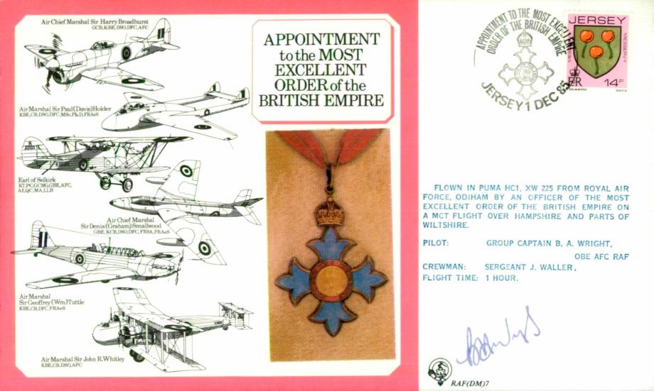 Order of the British Empire OBE cover Signed B A Wright
