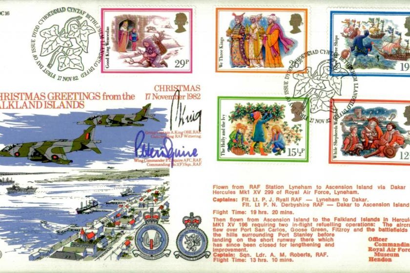 Christmas 17th November 1982 FDC Signed by GC A King - Cdr RAF Wittering 7 WC P T Squire Cdr 1(F) Squadron