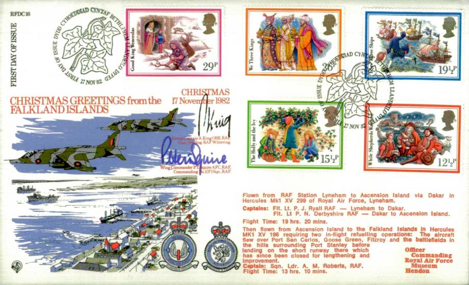 Christmas 17th November 1982 FDC Signed by GC A King - Cdr RAF Wittering 7 WC P T Squire Cdr 1(F) Squadron