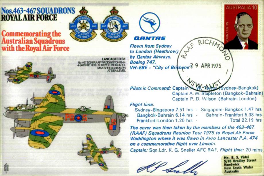 Nos 463-467 Squadrons cover Signed by Lancaster Captain K G Sneller
