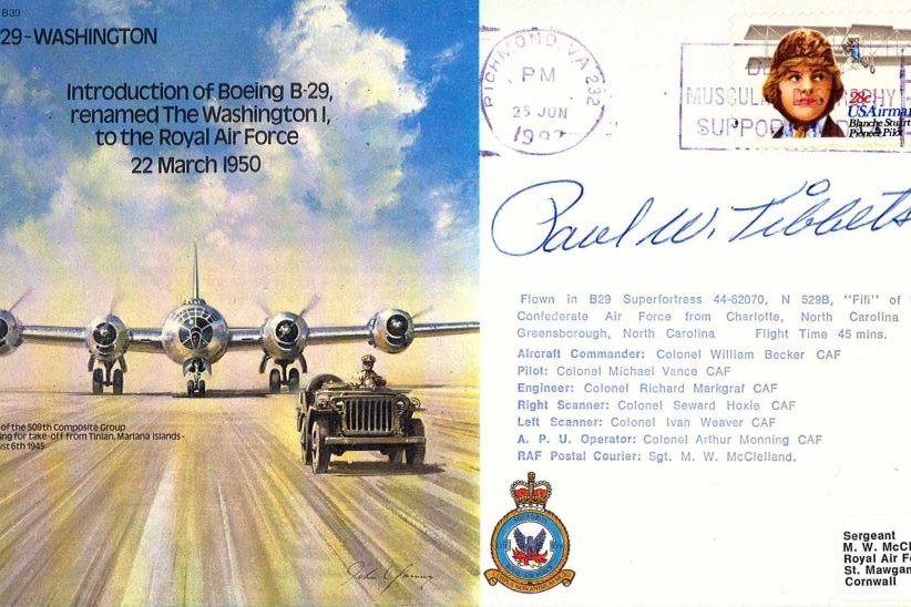 B29 Washington Cover Signed Paul W Tibbets USAF