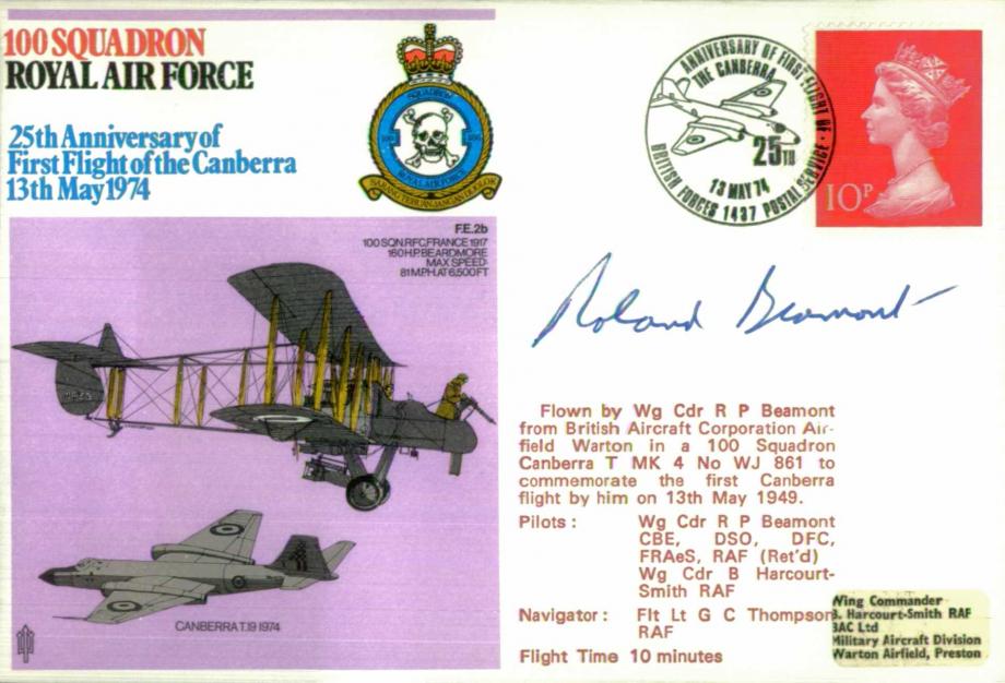 100 Squadron cover Signed by R P Beamont who was the first pilot of the Canberra on 13th May 1949