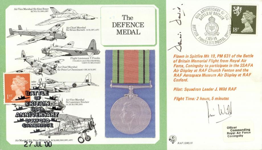 Defence Medal cover Signed Dennis David BoB Pilot