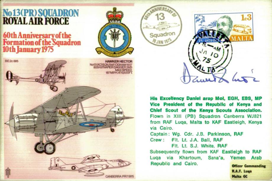 No 13(PR) Squadron cover Signed by H E Daniel arap Moi - Vice President of Kenya