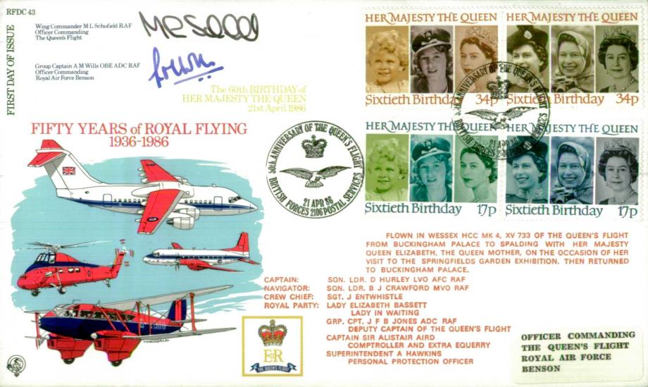 50 Years of Royal Flying 1936-1986 FDC Sgd by M L Schofield - OC of The Queens Flight and A M Wills - OC RAF Benson