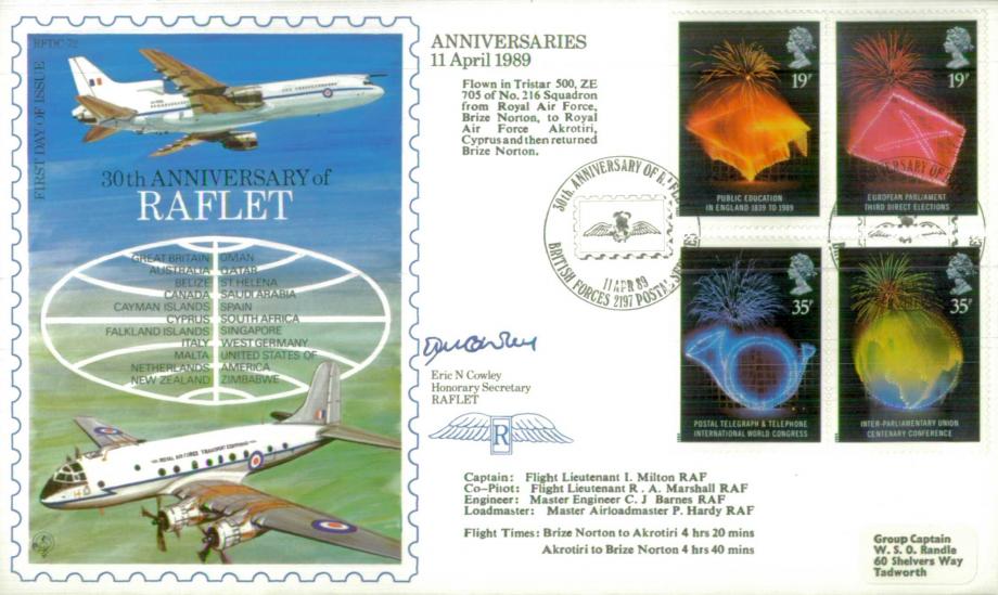30th Anniversary of Raflet FDC Signed by Eric Cowley Hon Sec of Raflet