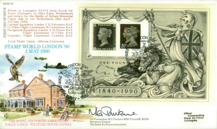 Stamp World London 90 FDC Signed by AC M G Tomkins - Sec Gen of RAFA Lancaster flown