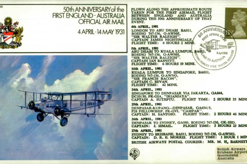 First England to Australia official air mai cover