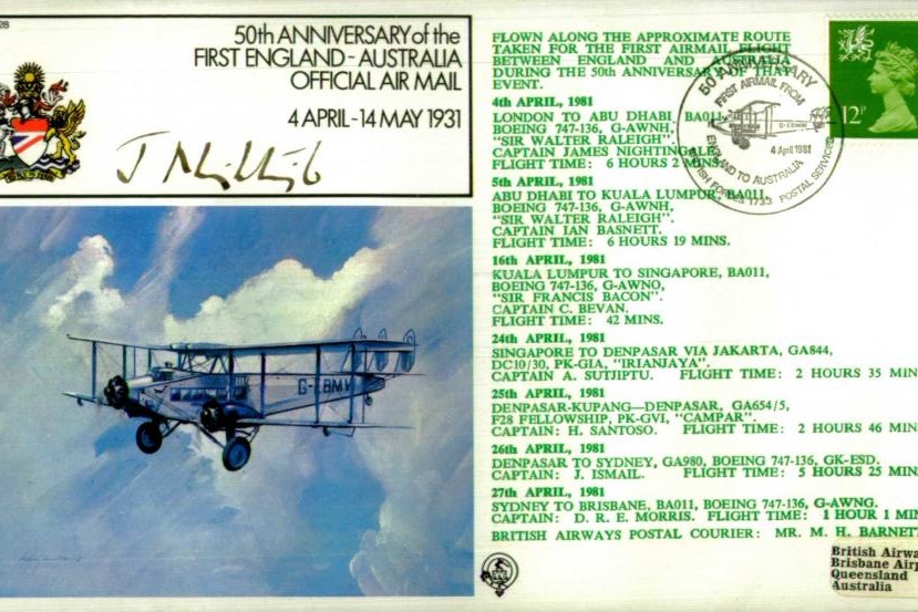 First England to Australia official air mai cover Sgd