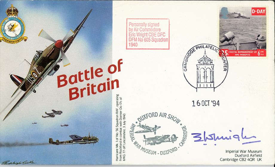 Battle Of Britain Cover Signed BoB Pilot Eric Wright