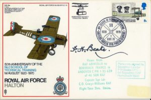 RAF Halton Cover Signed BoB Pilot P H Beake