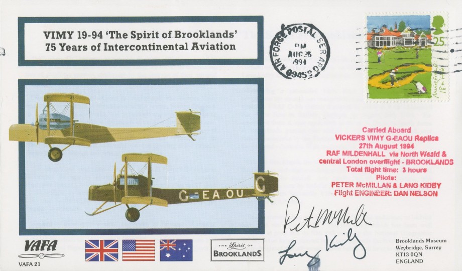 Vickers Vimy cover Sgd P McMillan and L Kidby