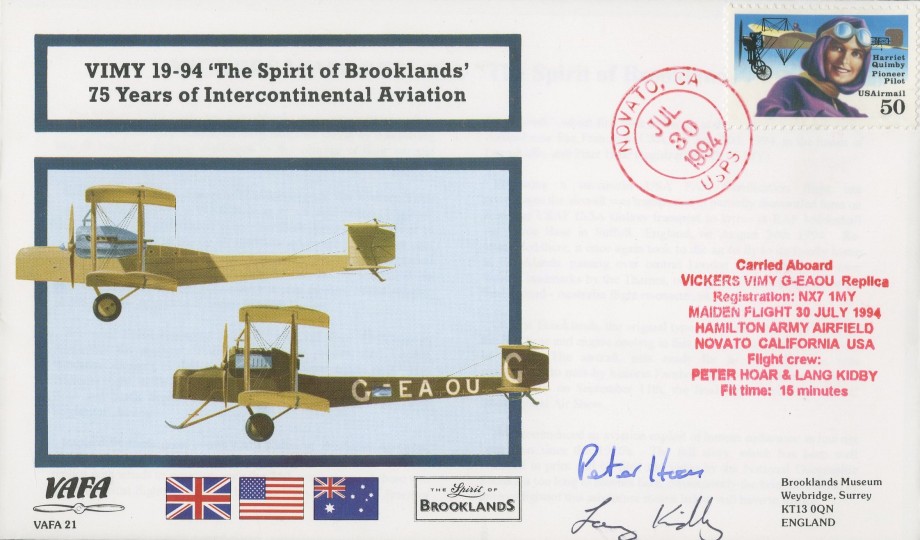 Vickers Vimy cover Sgd P Hoar and L Kidby