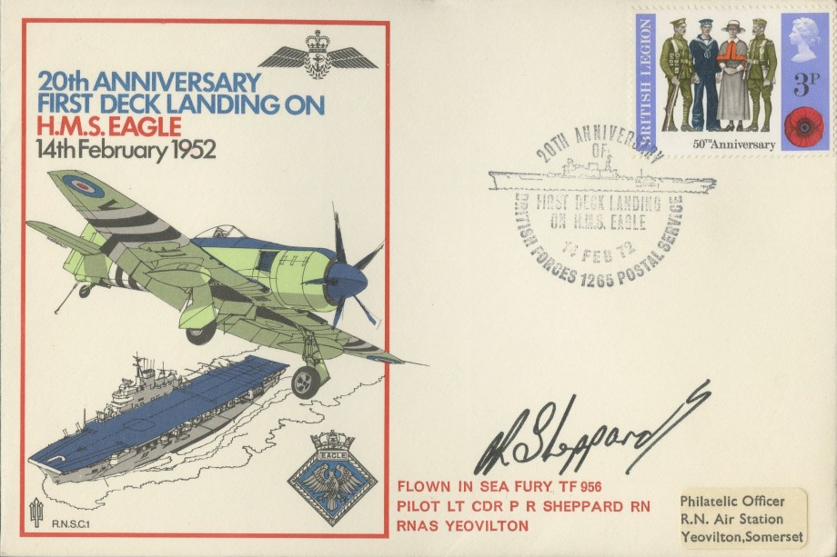 First Deck Landing on HMS Eagle cover Signed by the pilot Lt Cdr P R Shepherd