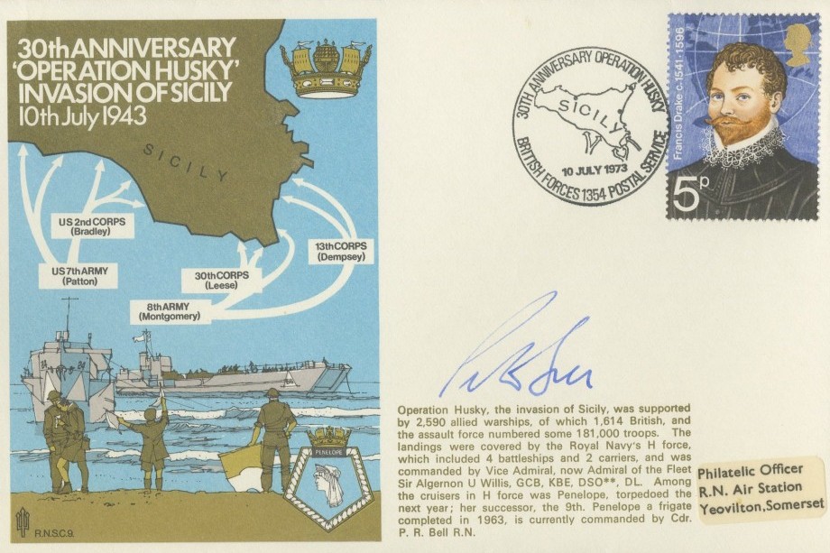 Operation Husky cover Signed by the Captain of HMS Penelope Commander P R Bell