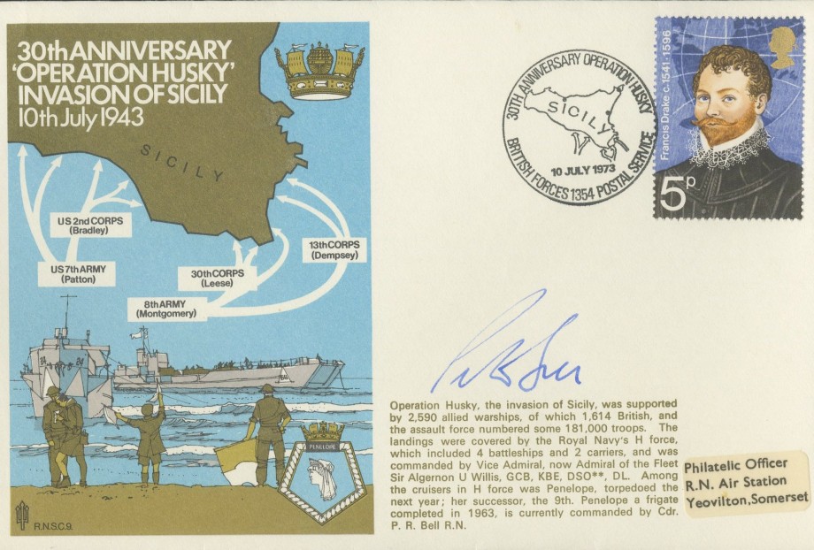 Operation Husky cover Signed by the Captain of HMS Penelope Commander P R Bell