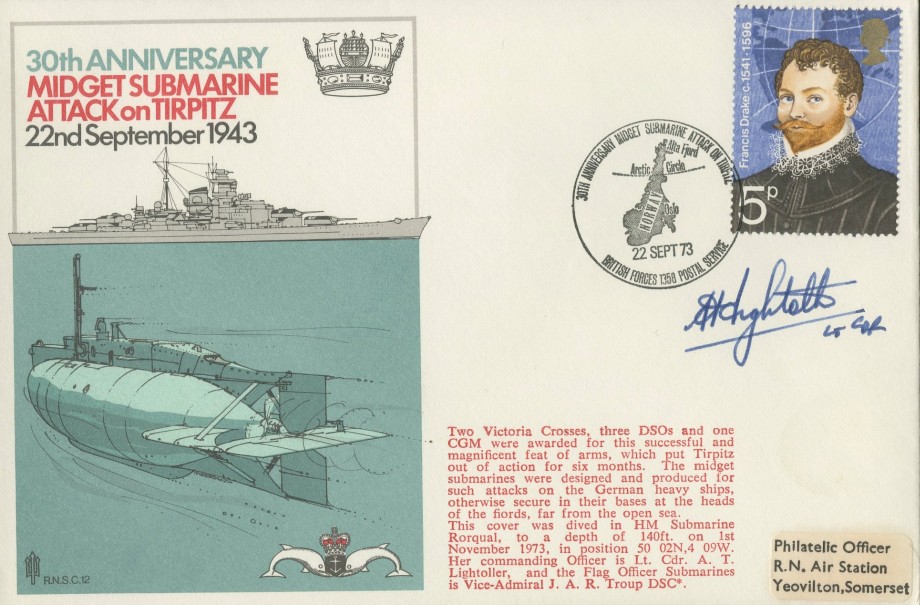 Midget Submarine Attack on the Tirpitz cover Sgd by the CO of HM Submarine Rorqual Lt Cdr Lightoller