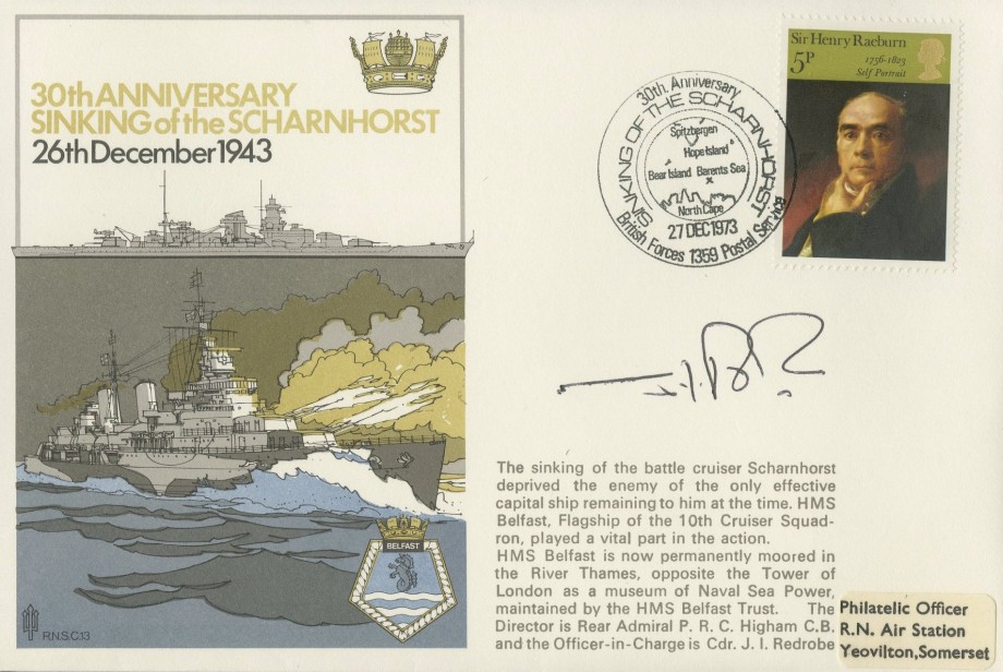 Sinking of the Scharnhorst cover Signed by the Officer-In-Charge of HMS Belfast Commander J I Redrobe