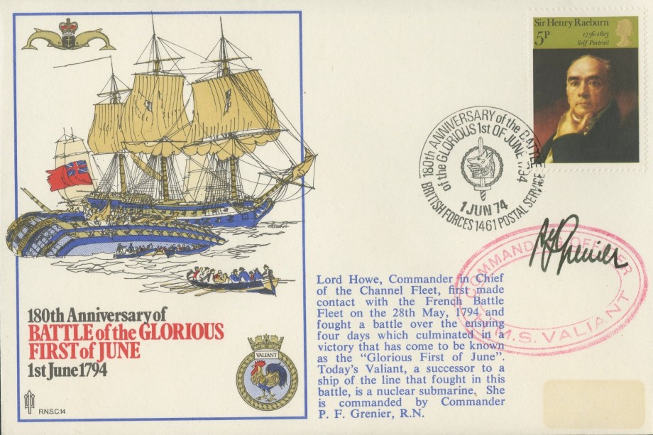 Battle of the Glorious First of June cover Signed by the Commander of HM Submarine Valiant Commander P F Grenier