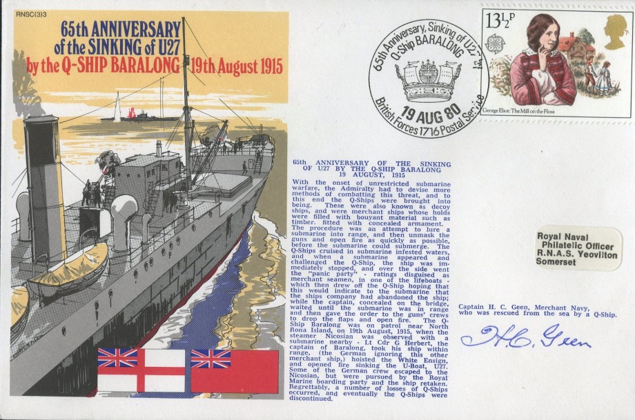 Sinking of U27 by the Q Ship Baralong cover Sgd by Captain H C Geen who was rescued by a Q Ship