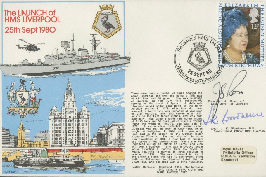 HMS Liverpool cover Signed by Councillor J Ross the Lord Mayor of Liverpool and Lt J K Woodhouse the Senior Naval Officer HMS Liverpool