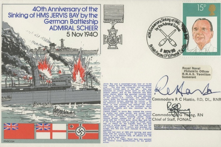 Sinking of HMS Jervis Bay cover Sgd by Commodore R C Hastie and Commodore B G Young Chief of Staff FONAC