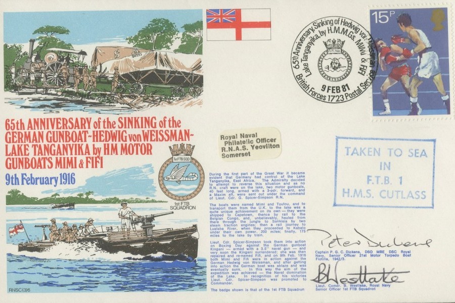 Sinking of the German Gunboat Hedwig von Weissman  cover Signed by Captain P G C Dickens Senior Officer 21st Motor Torpedo Boat Flotilla 1942/3 and Lt Cdr B Westlake the Senior Officer 1st FTB Squadron