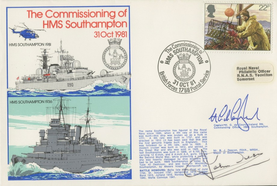 HMS Southampton cover Signed by Captain H G de Courcy-Ireland the CO of HMS Southampton and B J Deacon the Mayor of Southampton