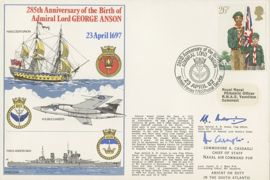Admiral Lord George Anson cover Signed by Rear Admiral E R Anson, Flag Officer Naval Air Command a descendant of Admiral Lord Ansons sister and Commodore A Casdagli the Chief of Staff Naval Air Command