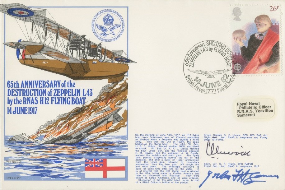 Destruction of Zeppelin L43 cover Signed by G C G E Livock a Fl Lt in the RNAS in Seaplanes and Flying Boats 1917-1918 and Sq L G F Hyams a Fl Lt in the RNAS in Seaplanes 1917