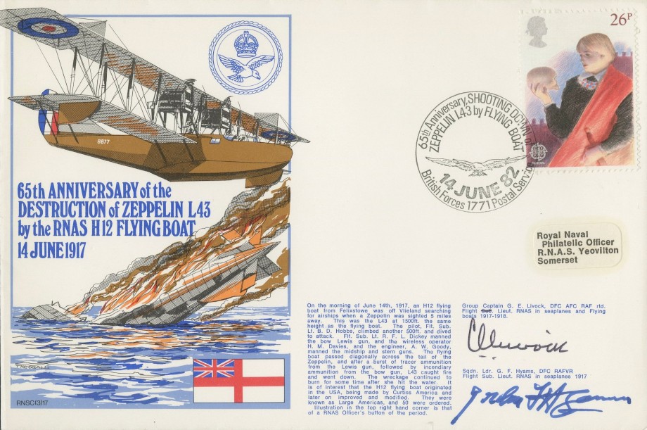 Destruction of Zeppelin L43 cover Signed by G C G E Livock a Fl Lt in the RNAS in Seaplanes and Flying Boats 1917-1918 and Sq L G F Hyams a Fl Lt in the RNAS in Seaplanes 1917