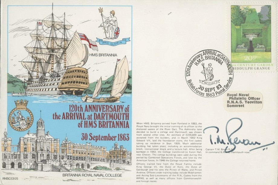 Arrival at Dartmouth of HMS Britannia cover Sgd by Captain T M Bevan in command BRNC Dartmouth
