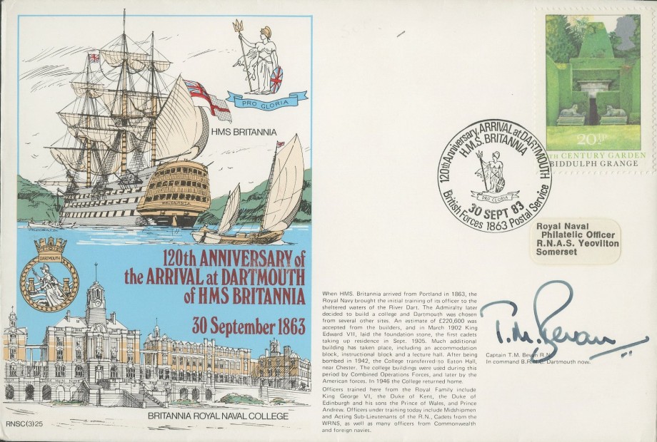 Arrival at Dartmouth of HMS Britannia cover Sgd by Captain T M Bevan in command BRNC Dartmouth