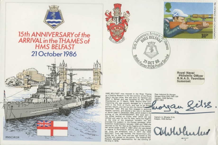 HMS Belfast cover Signed by Captain A Wheeler the Keeper of HMS Belfast and Rear Admiral Sir Morgan Morgan-Giles the Captain of HMS Belfast 1961-1962