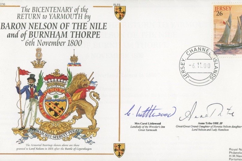 Return to Yarmouth by Baron Nelson of the Nile cover Signed by Mrs Carol Littlewood The Landlady of the Wrestlers Inn at Great Yarmouth and Anna Tribe the Great Great Grand Daughter of Horatia Nelson the Daughter of Lord Nelson and Lady Hamilton