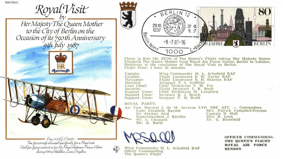 Royal Visit By Queen Mother To Berlin Cover Signed M L Schofield