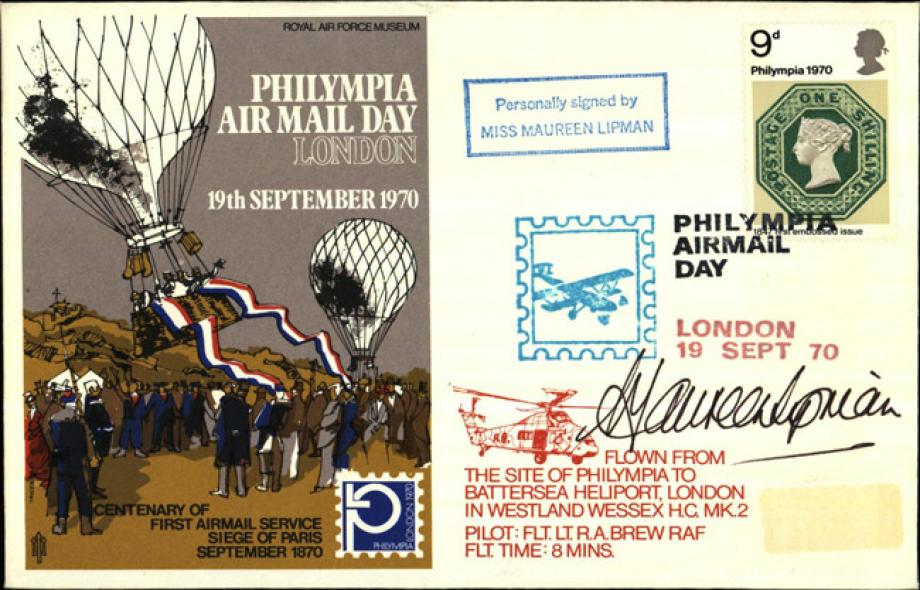 Philympia Air Mail Day cover Sgd Maureen Lipman