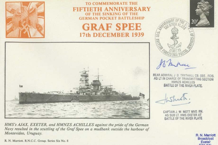 Graf Spee cover Sgd by  J D Trythall on HMNZS Achilles and Cap J W Mott who was on HMS Exeter
