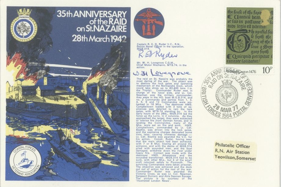 Raid On St Nazaire Cover Signed By W H Lovegrove On MTB 74 And R E D Ryder VC The Senior Naval Officer  