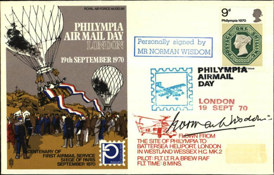 Philympia Air Mail Day cover Sgd Norman Wisdom