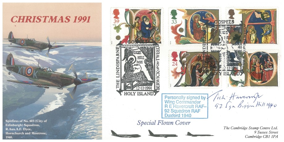 Christmas 1991 FDC Signed  R E  Tich  Havercroft A Spitfire BoB Pilot At RAF Duxford With 92 Squadron