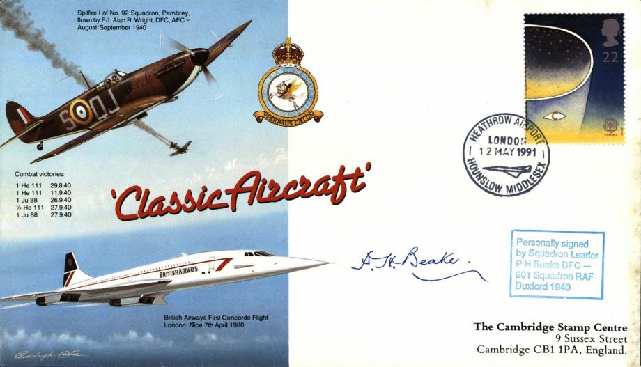 Spitfire Cover Signed By The BoB Pilot P H Beake Of 601 Squadron