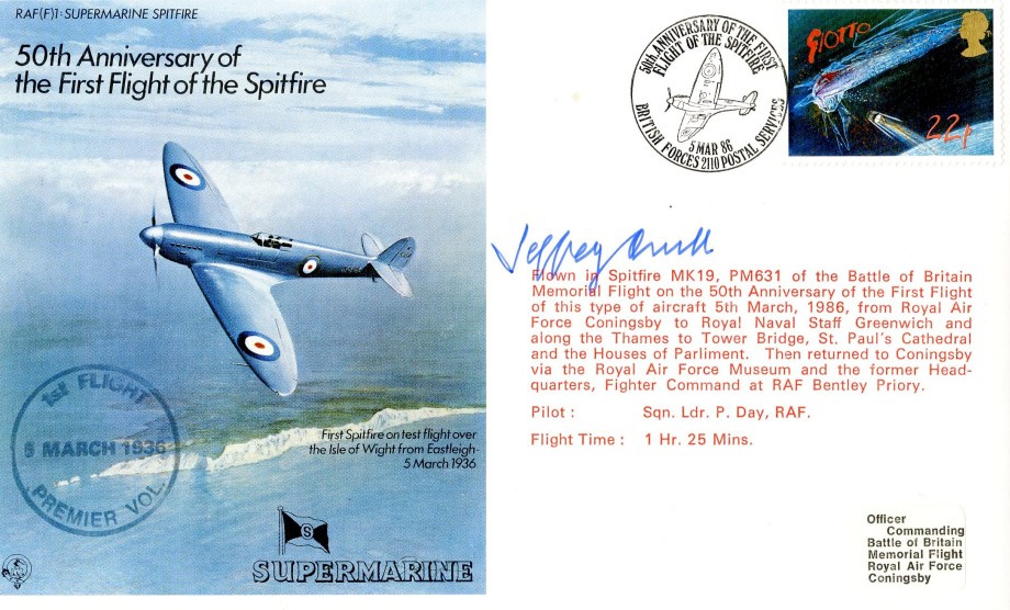 Spitfire Cover Signed By Jeffrey Quill A BoB Pilot Of 65 Squadron