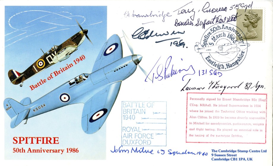 Spitfire Cover Signed By 7 Including E Mansbridge And A Thorogood A BoB Pilot With 89 Squadron