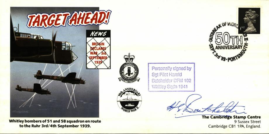 Whitley cover Signed H Batchelder of 102 Squadron