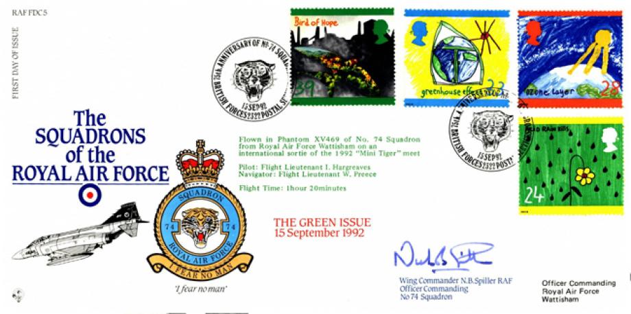 The Green Issue FDC Signed by WC N B Spiller the OC 74 Squadron