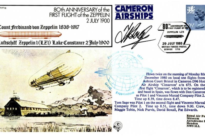 First Zeppelin flight cover Sgd Tom Sage