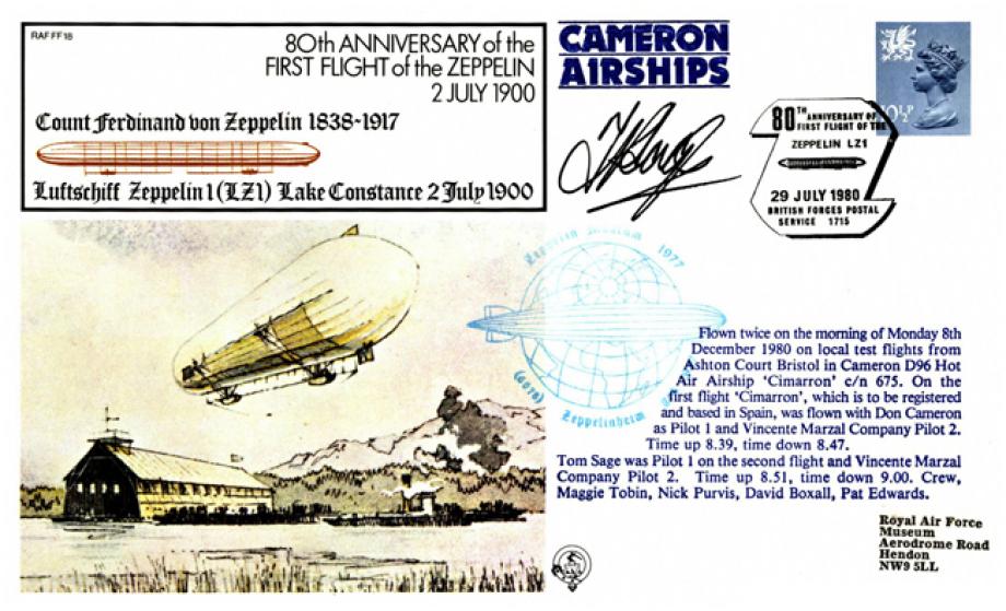 First Zeppelin flight cover Sgd Tom Sage