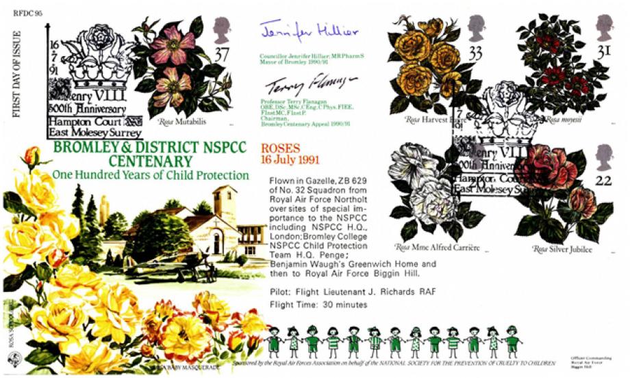 Roses - 16th July 1991 FDC Signed by Jennifer Hillier the Mayor of Bromley and Terry Flanagan